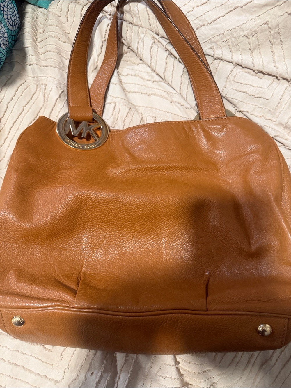 Michael Kors Cognac Leather Shoulder Bag with Gold Logo Charm